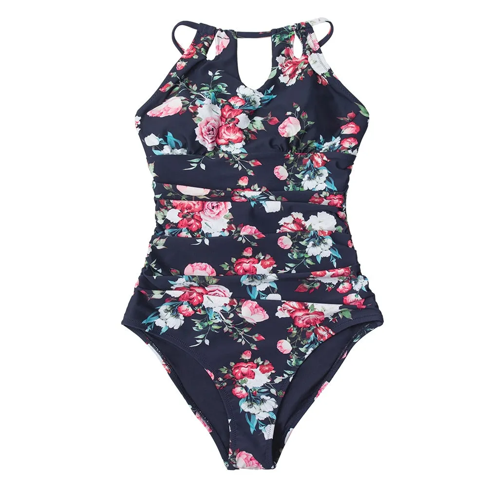 Ladies Lace Up Back One-Piece Cut Out black tummy control Swimsuit