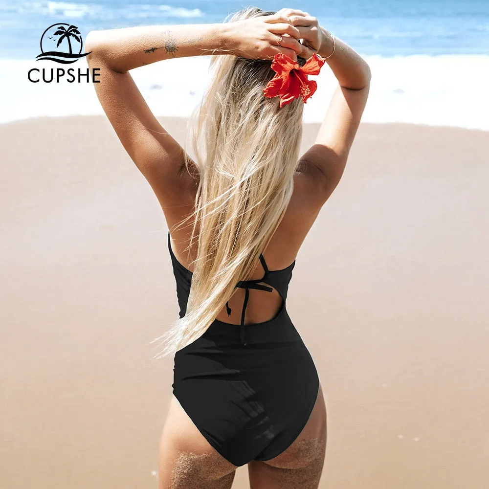 Ladies Lace Up Back One-Piece Cut Out black tummy control Swimsuit
