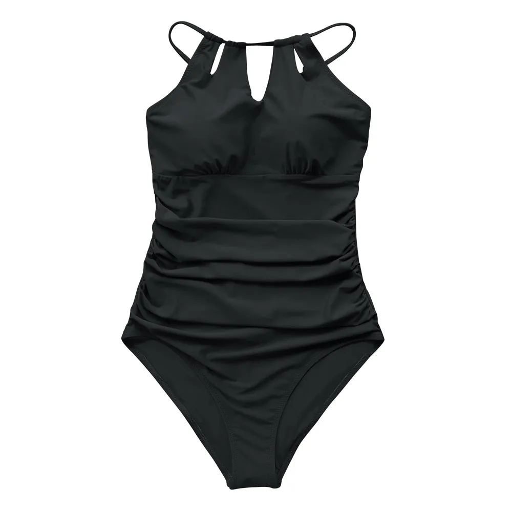 Ladies Lace Up Back One-Piece Cut Out black tummy control Swimsuit