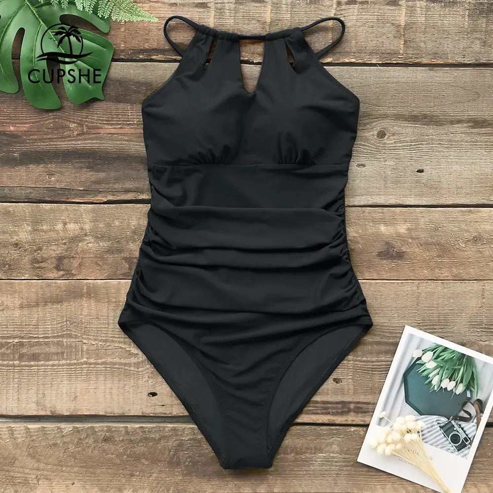 Ladies Lace Up Back One-Piece Cut Out black tummy control Swimsuit