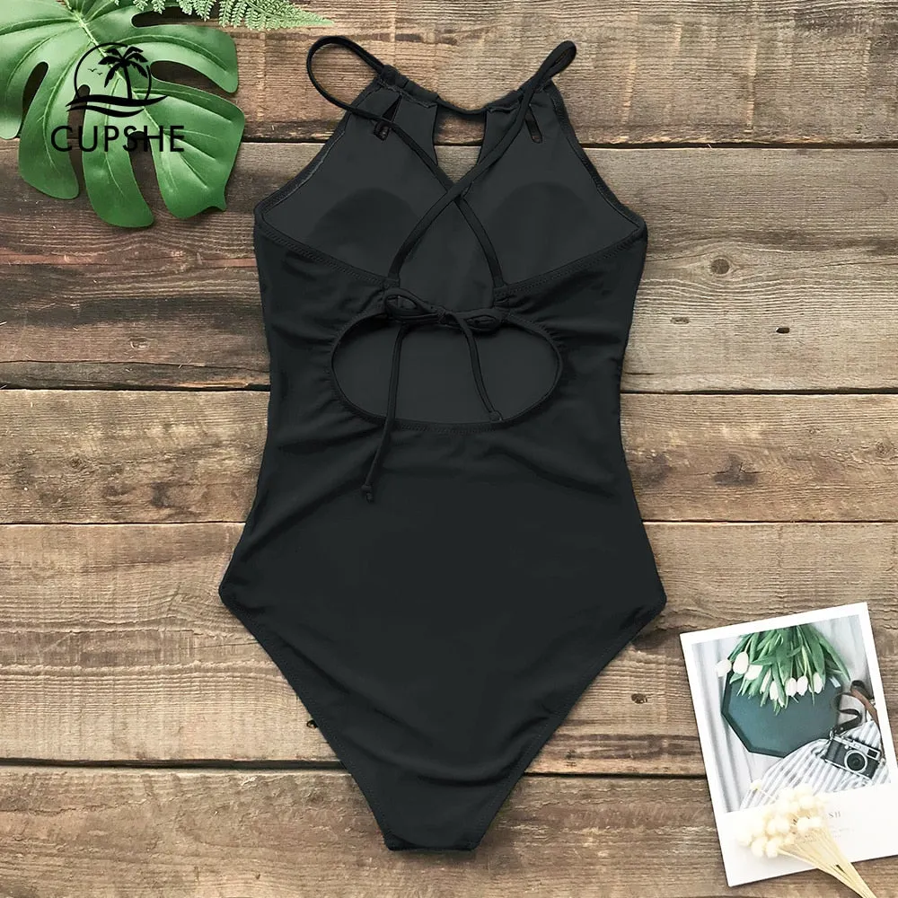 Ladies Lace Up Back One-Piece Cut Out black tummy control Swimsuit