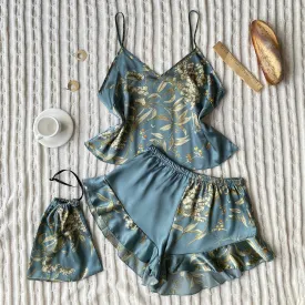 Lady Glams 3 Pcs Summer Women Dress Silk Pajamas - Fashion Print Suspenders and Shorts with Hanging Bag Home Wear Set