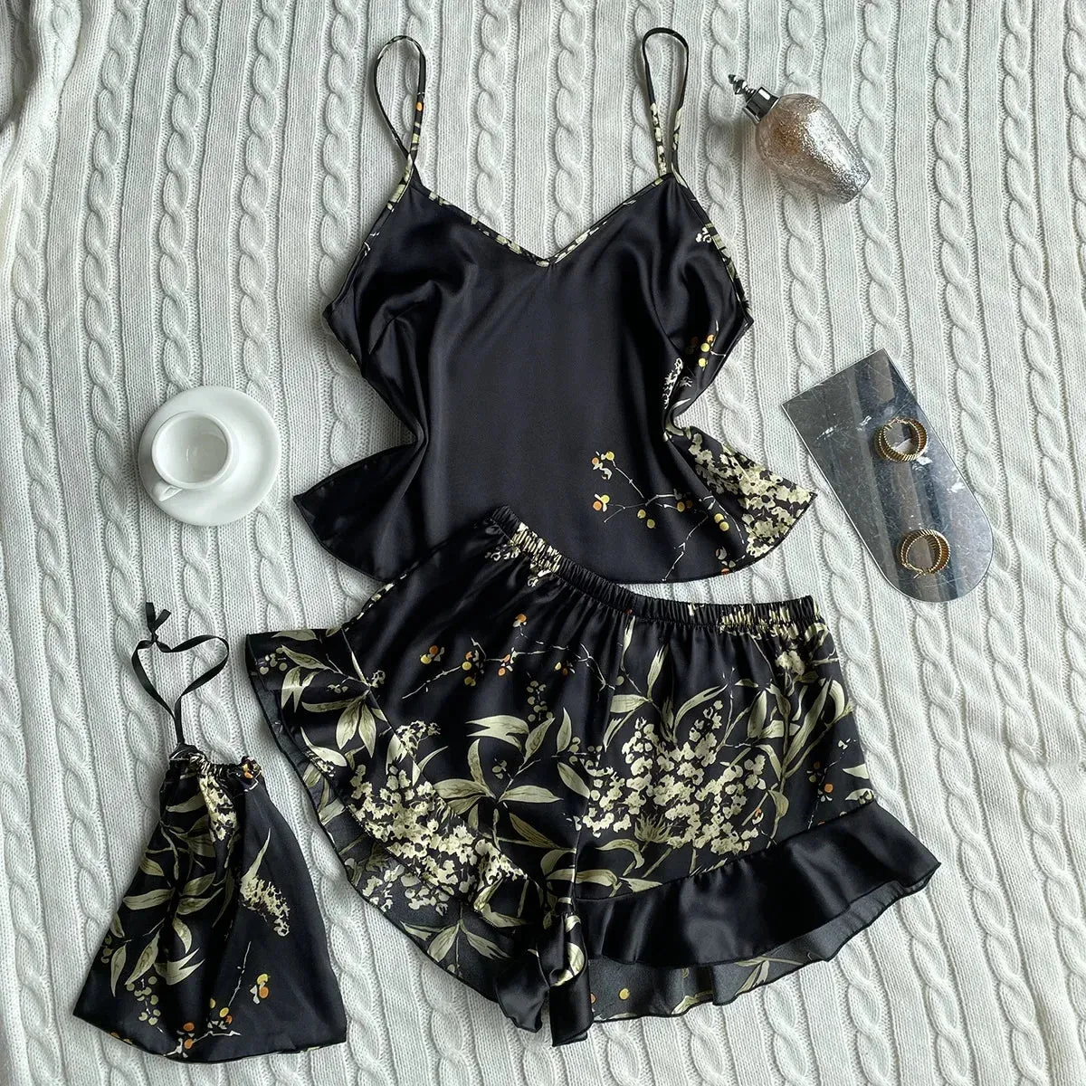 Lady Glams 3 Pcs Summer Women Dress Silk Pajamas - Fashion Print Suspenders and Shorts with Hanging Bag Home Wear Set