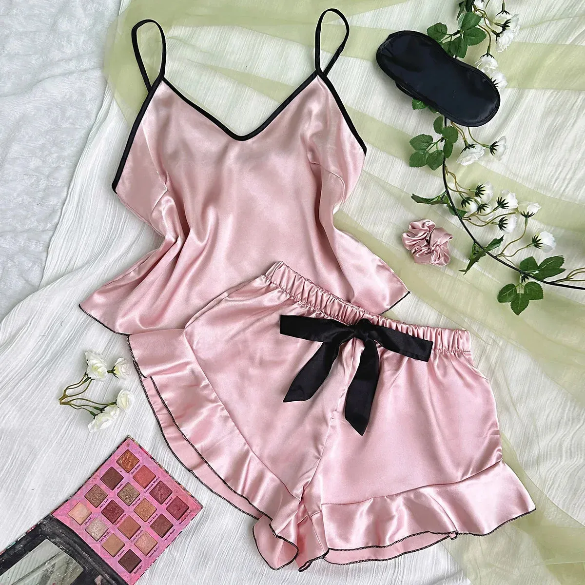 Lady Glams 3 Pcs Summer Women Dress Silk Pajamas - Fashion Print Suspenders and Shorts with Hanging Bag Home Wear Set