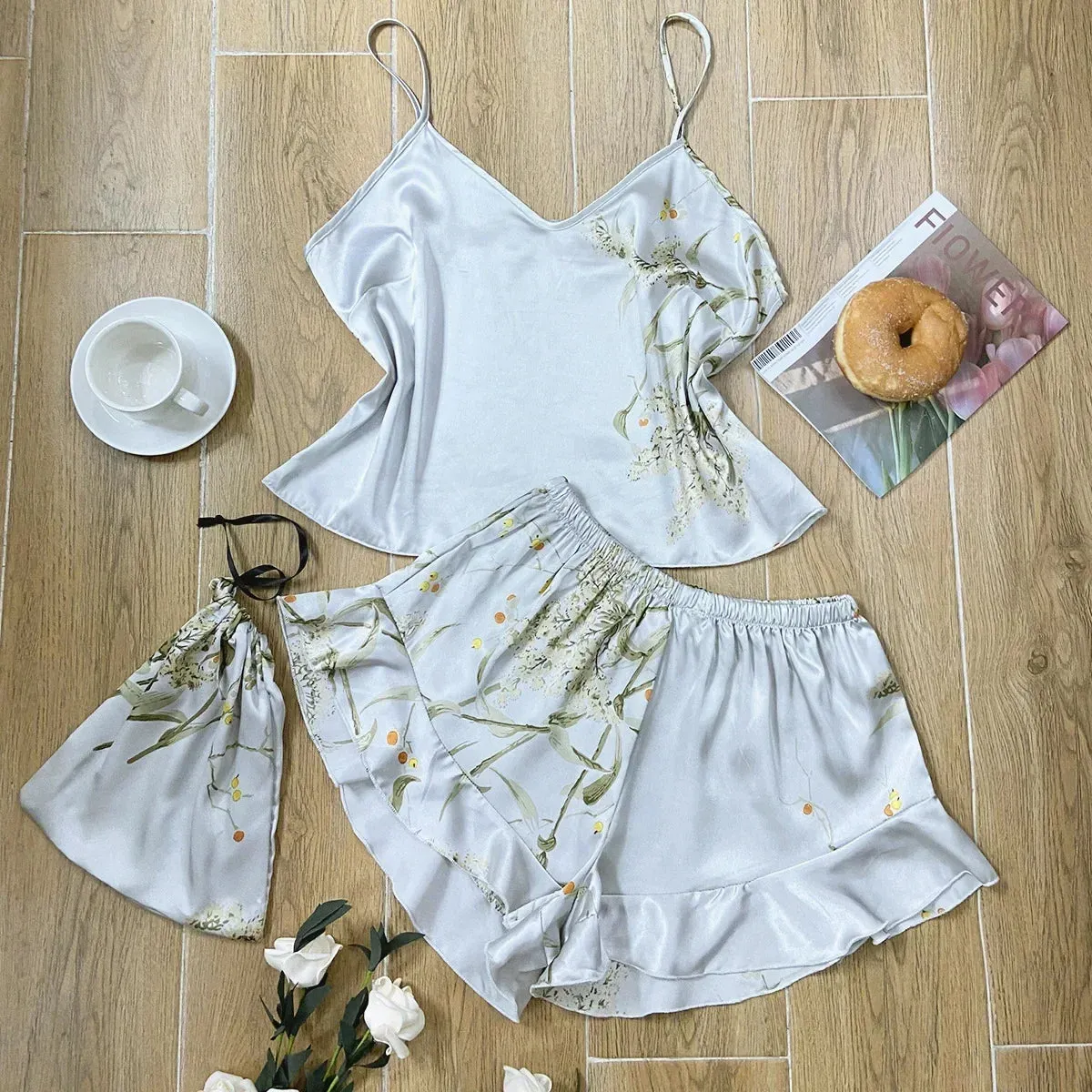 Lady Glams 3 Pcs Summer Women Dress Silk Pajamas - Fashion Print Suspenders and Shorts with Hanging Bag Home Wear Set