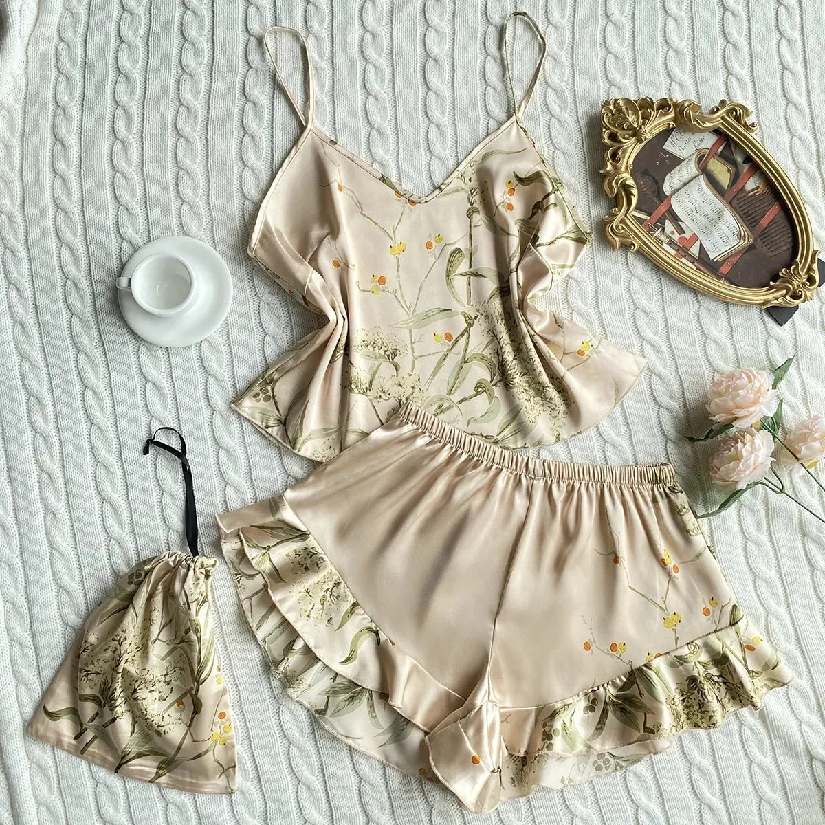 Lady Glams 3 Pcs Summer Women Dress Silk Pajamas - Fashion Print Suspenders and Shorts with Hanging Bag Home Wear Set