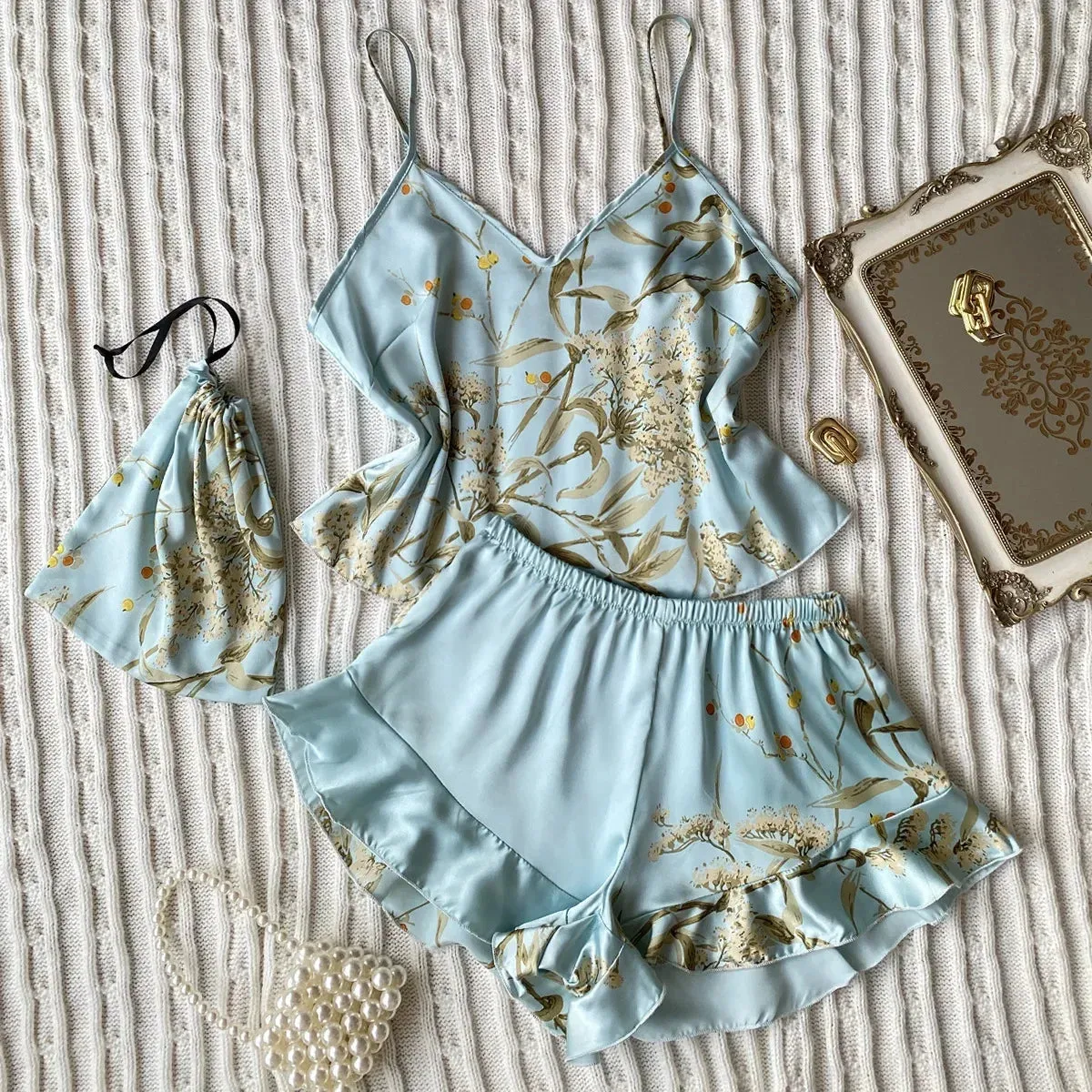 Lady Glams 3 Pcs Summer Women Dress Silk Pajamas - Fashion Print Suspenders and Shorts with Hanging Bag Home Wear Set