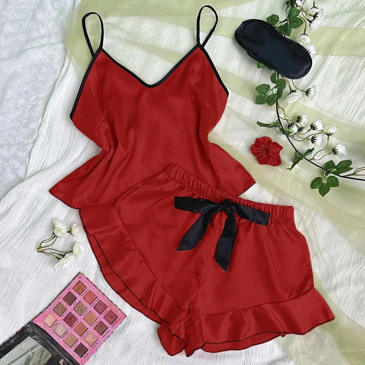 Lady Glams 3 Pcs Summer Women Dress Silk Pajamas - Fashion Print Suspenders and Shorts with Hanging Bag Home Wear Set