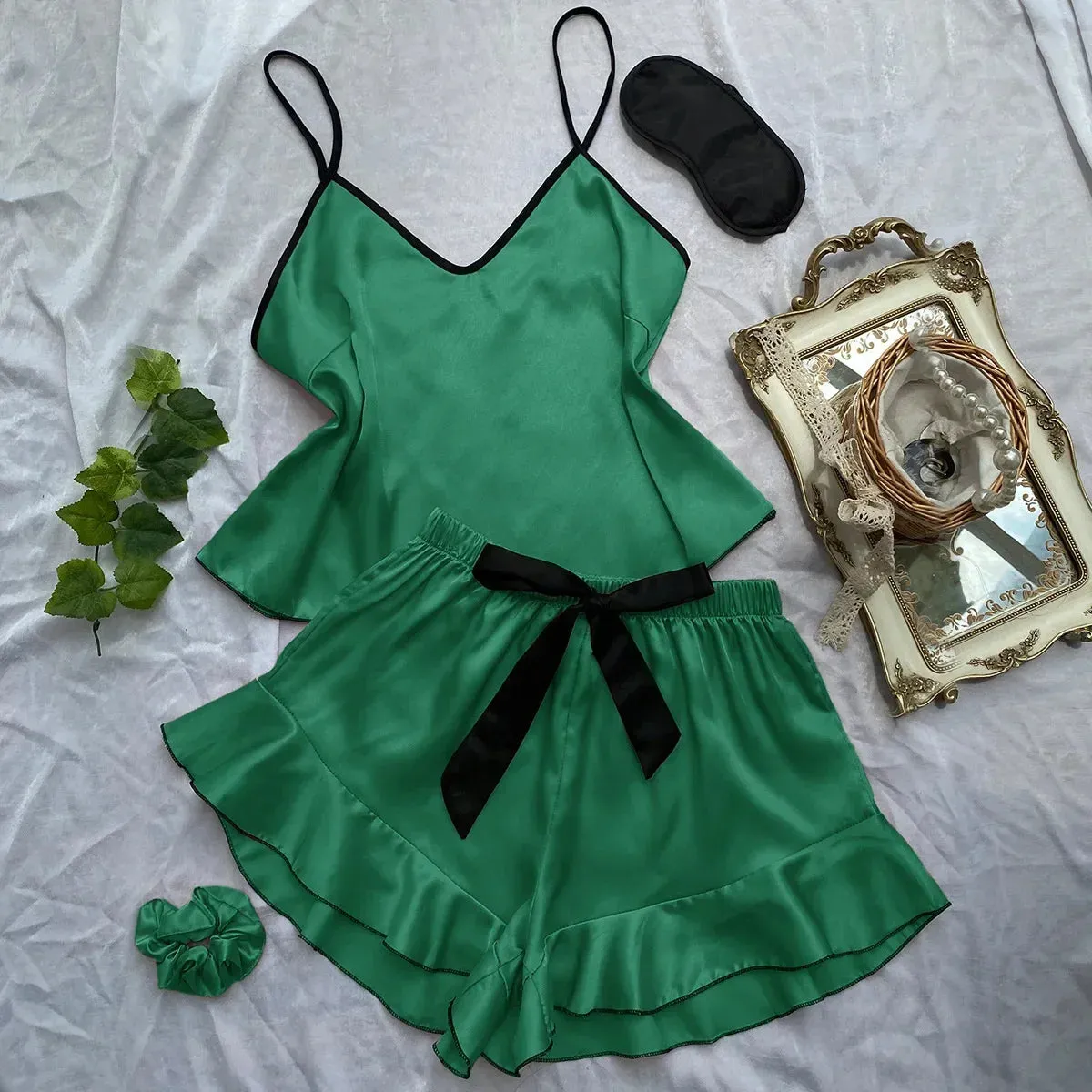 Lady Glams 3 Pcs Summer Women Dress Silk Pajamas - Fashion Print Suspenders and Shorts with Hanging Bag Home Wear Set