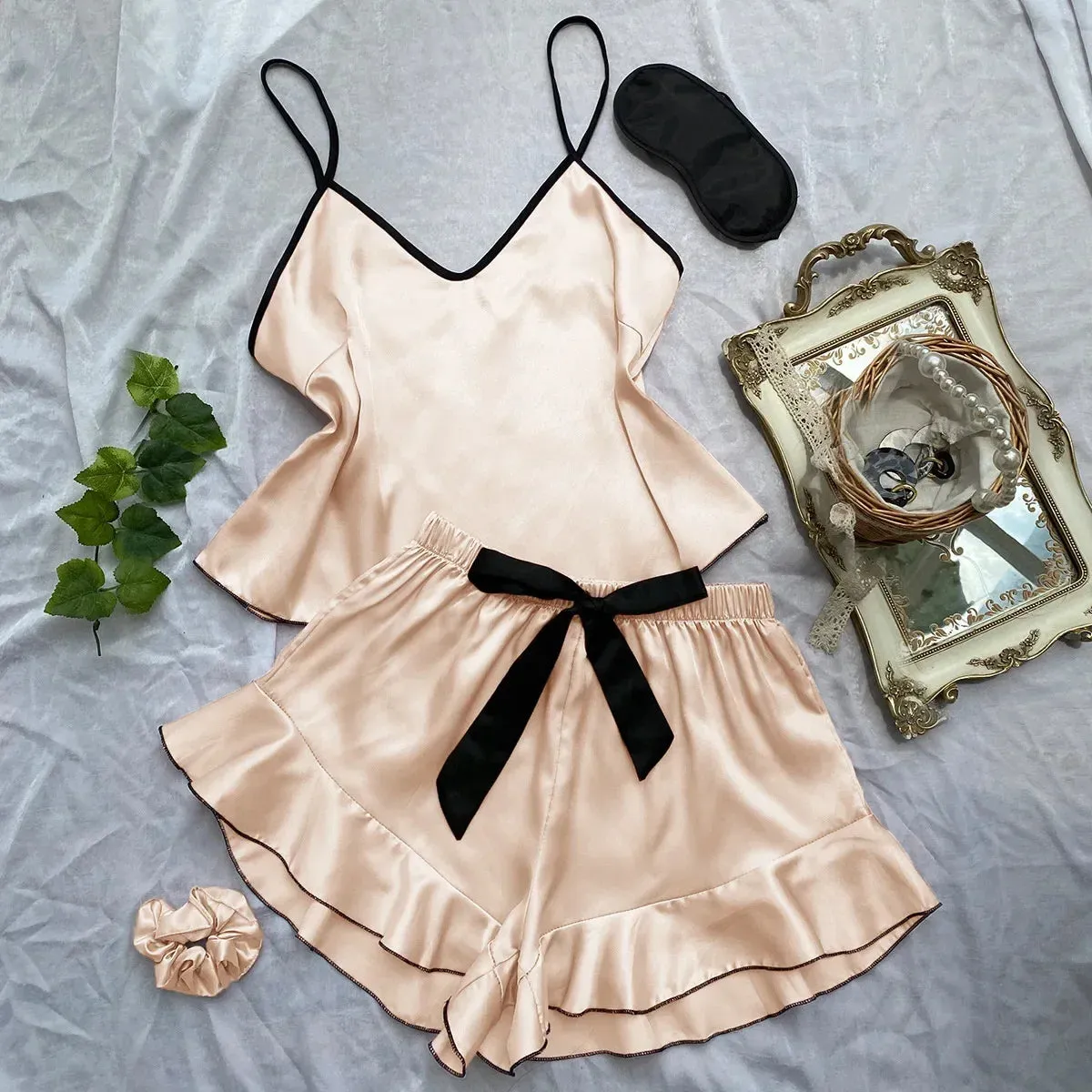 Lady Glams 3 Pcs Summer Women Dress Silk Pajamas - Fashion Print Suspenders and Shorts with Hanging Bag Home Wear Set