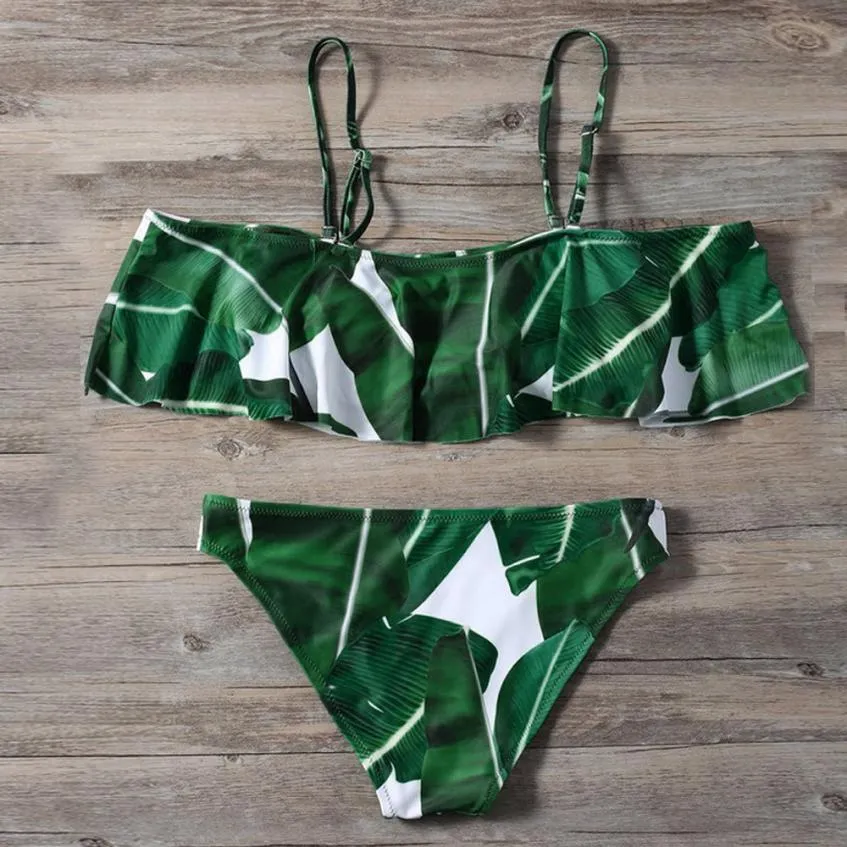 Leaf detail Off the shoulder 2 piece bikini swimsuit