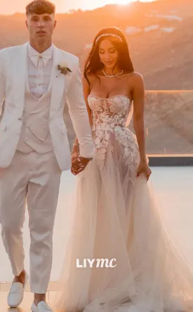 LW647 - Semi-Sweetheart Sleeveless Lace Appliques Tulle High Slit Beach Wedding Dress