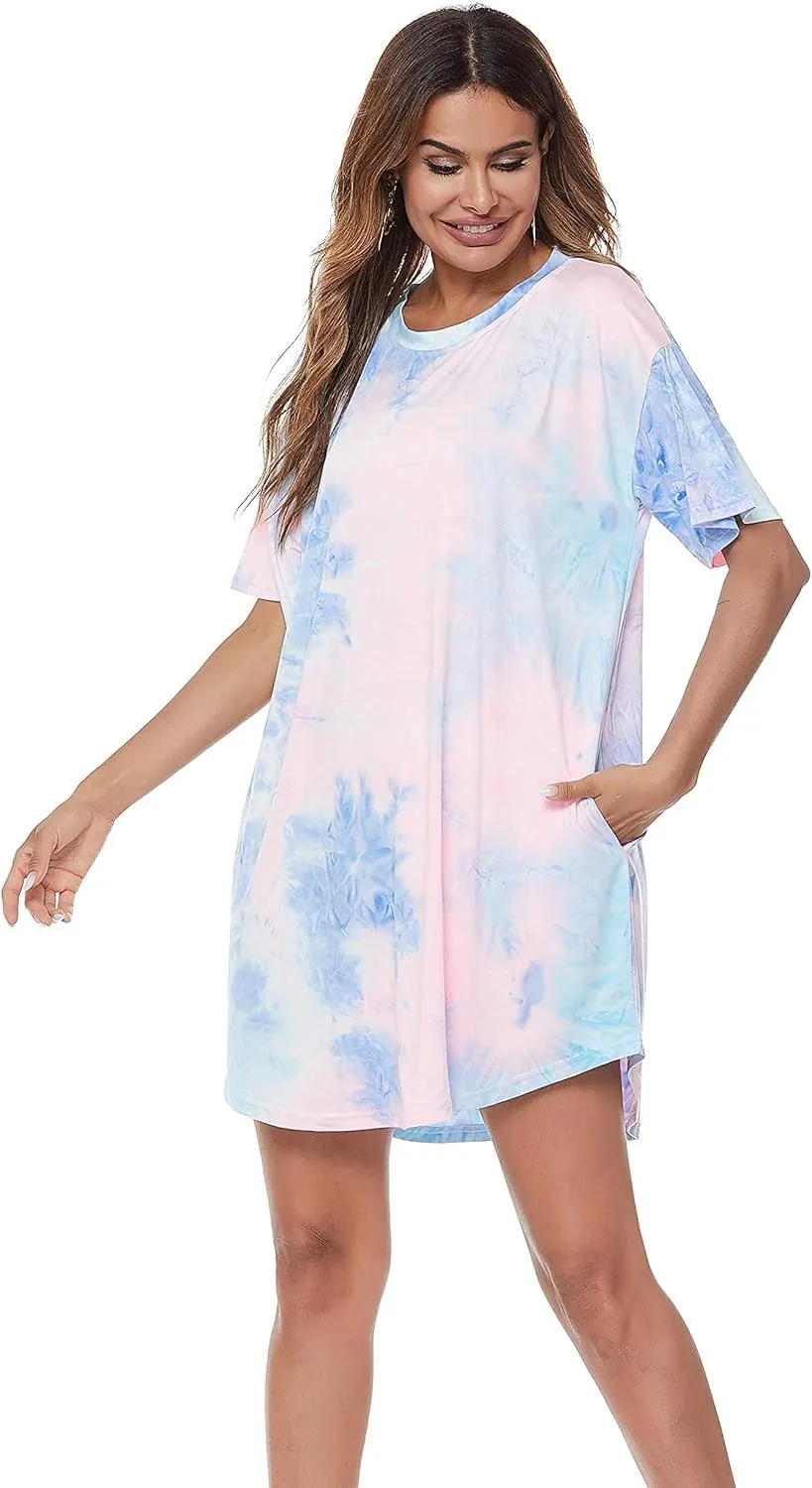 MOUSYA Women Tie Dye Dress Short Sleeve T Shirt Dress Summer Casual Loose Mini Dress with Pockets
