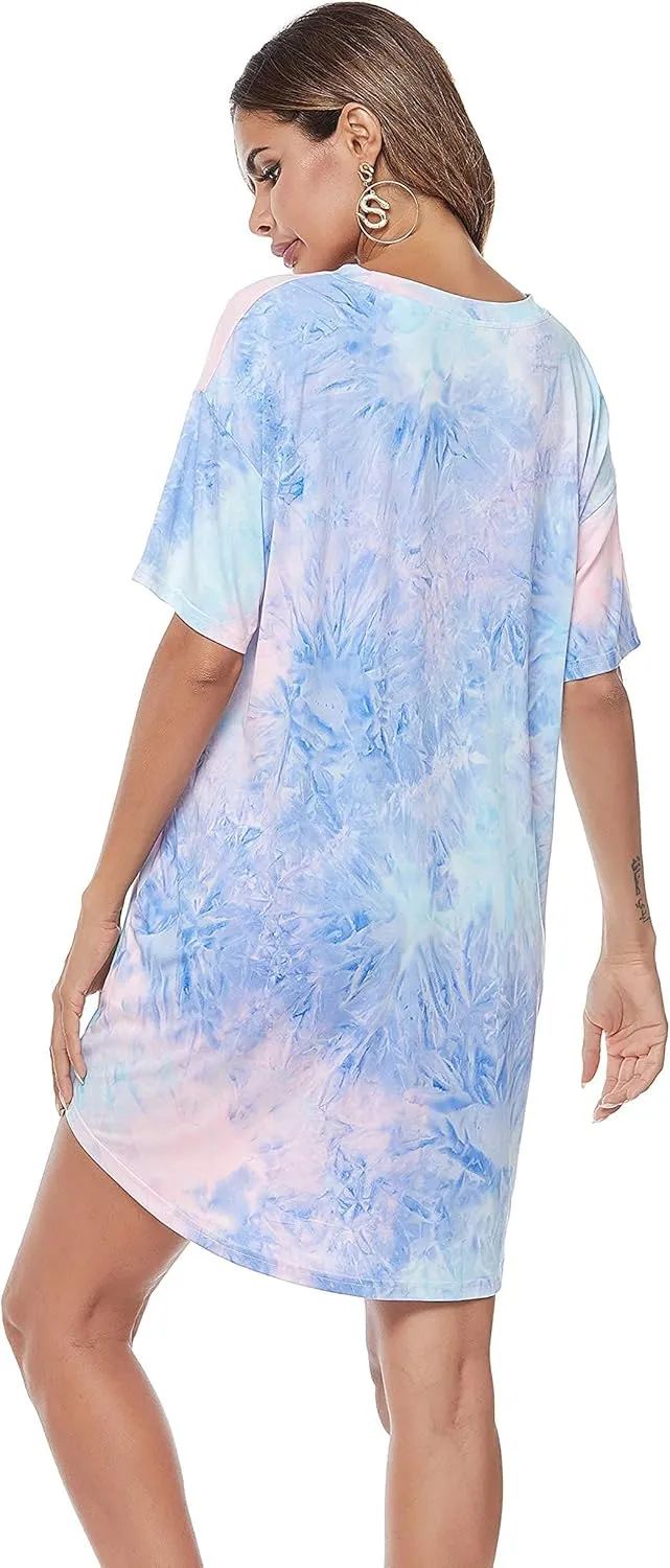 MOUSYA Women Tie Dye Dress Short Sleeve T Shirt Dress Summer Casual Loose Mini Dress with Pockets