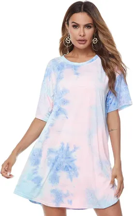 MOUSYA Women Tie Dye Dress Short Sleeve T Shirt Dress Summer Casual Loose Mini Dress with Pockets