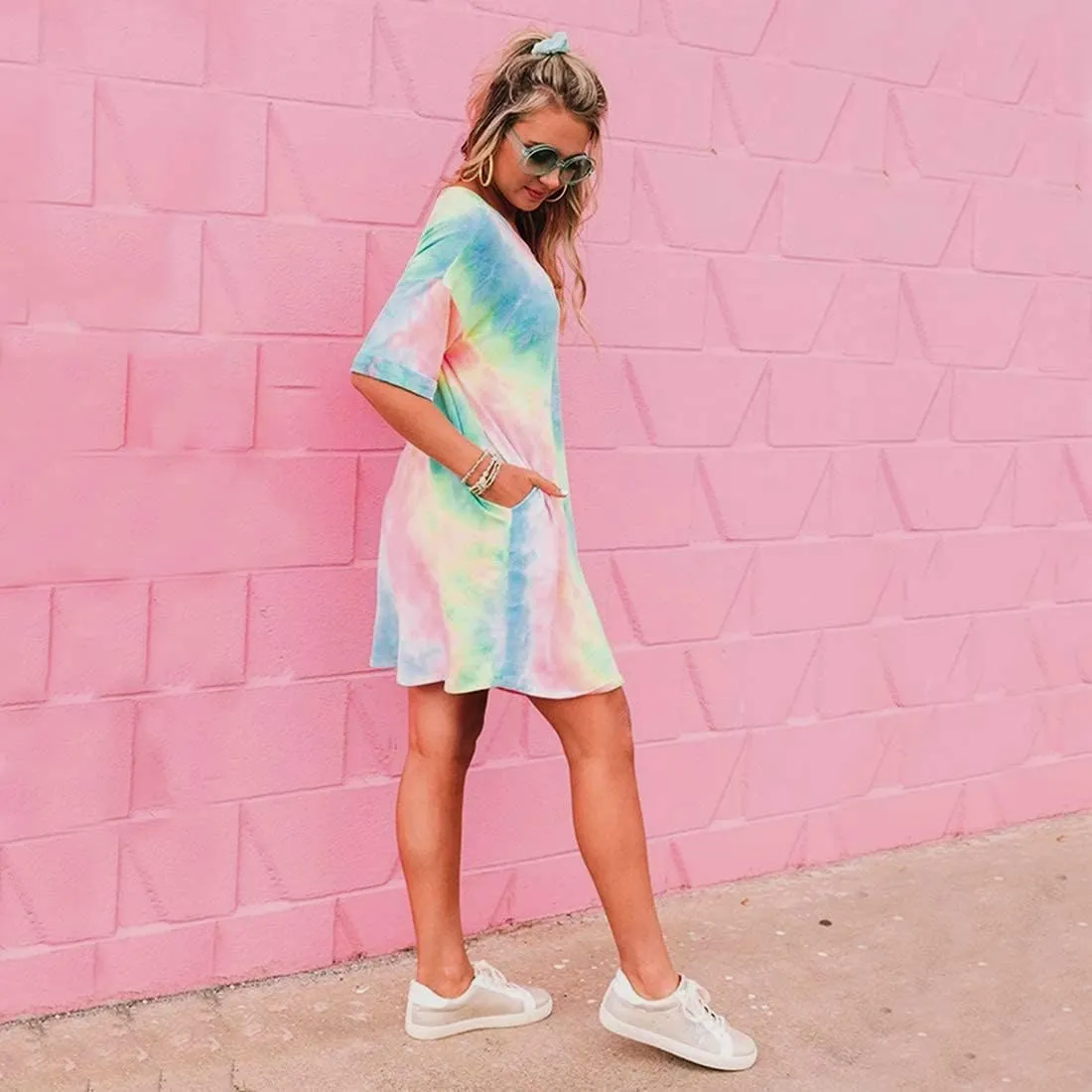 MOUSYA Women Tie Dye Dress Short Sleeve T Shirt Dress Summer Casual Loose Mini Dress with Pockets