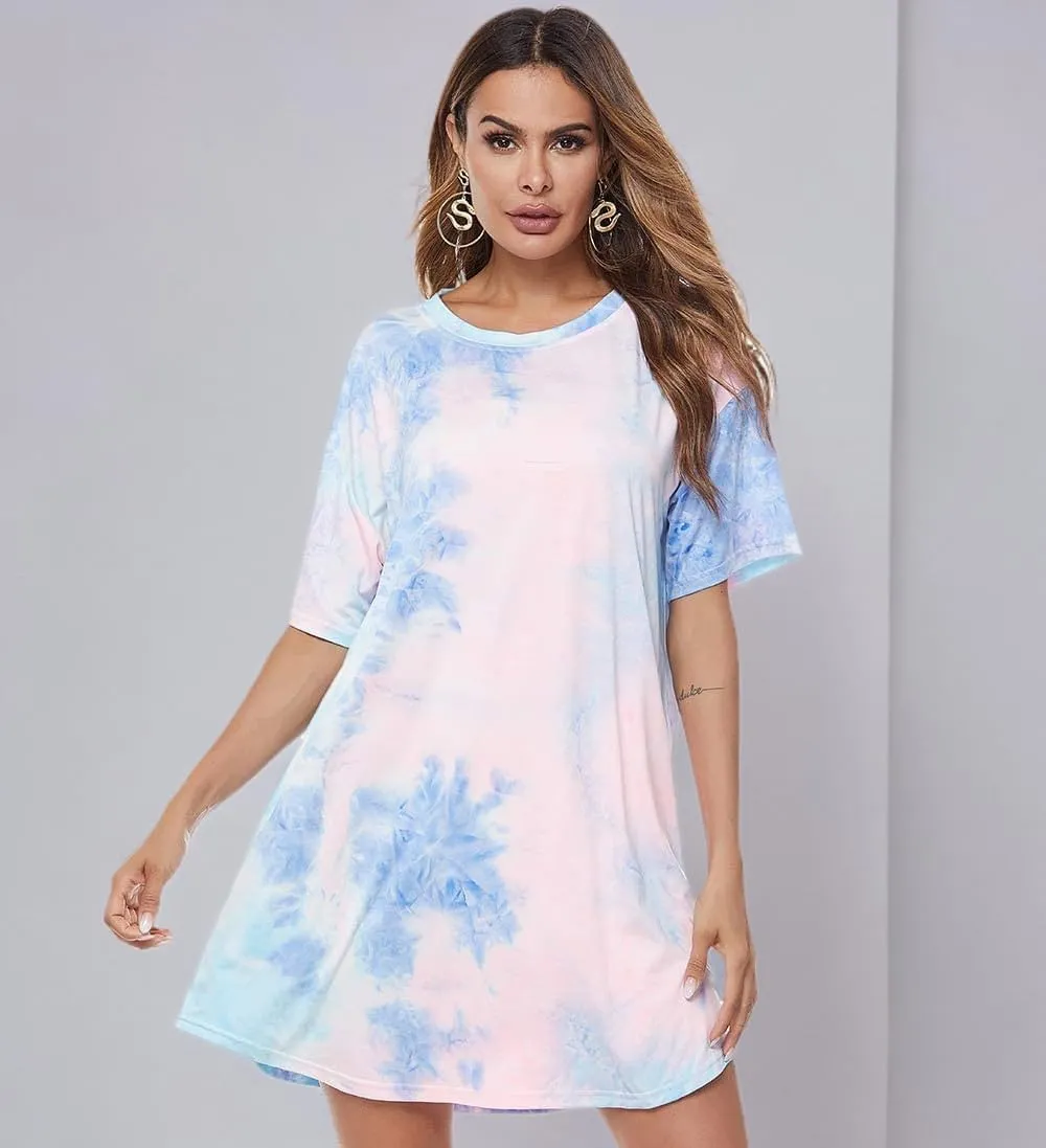 MOUSYA Women Tie Dye Dress Short Sleeve T Shirt Dress Summer Casual Loose Mini Dress with Pockets