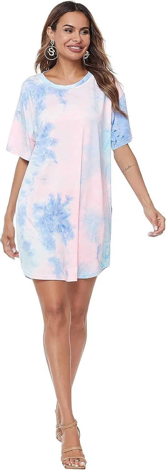 MOUSYA Women Tie Dye Dress Short Sleeve T Shirt Dress Summer Casual Loose Mini Dress with Pockets