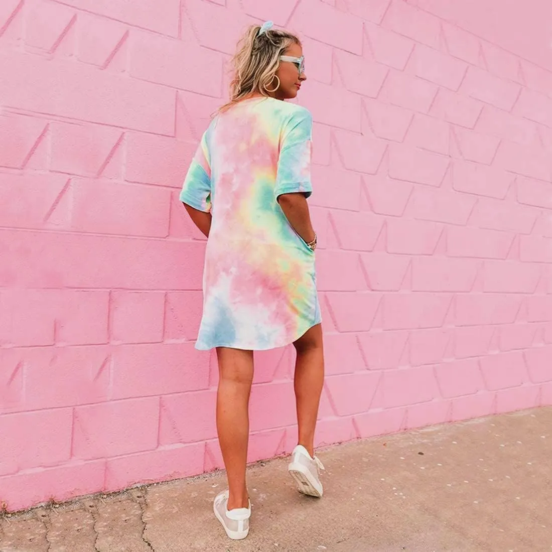 MOUSYA Women Tie Dye Dress Short Sleeve T Shirt Dress Summer Casual Loose Mini Dress with Pockets