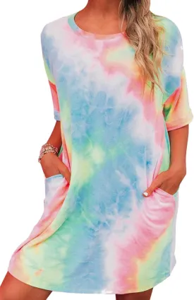 MOUSYA Women Tie Dye Dress Short Sleeve T Shirt Dress Summer Casual Loose Mini Dress with Pockets