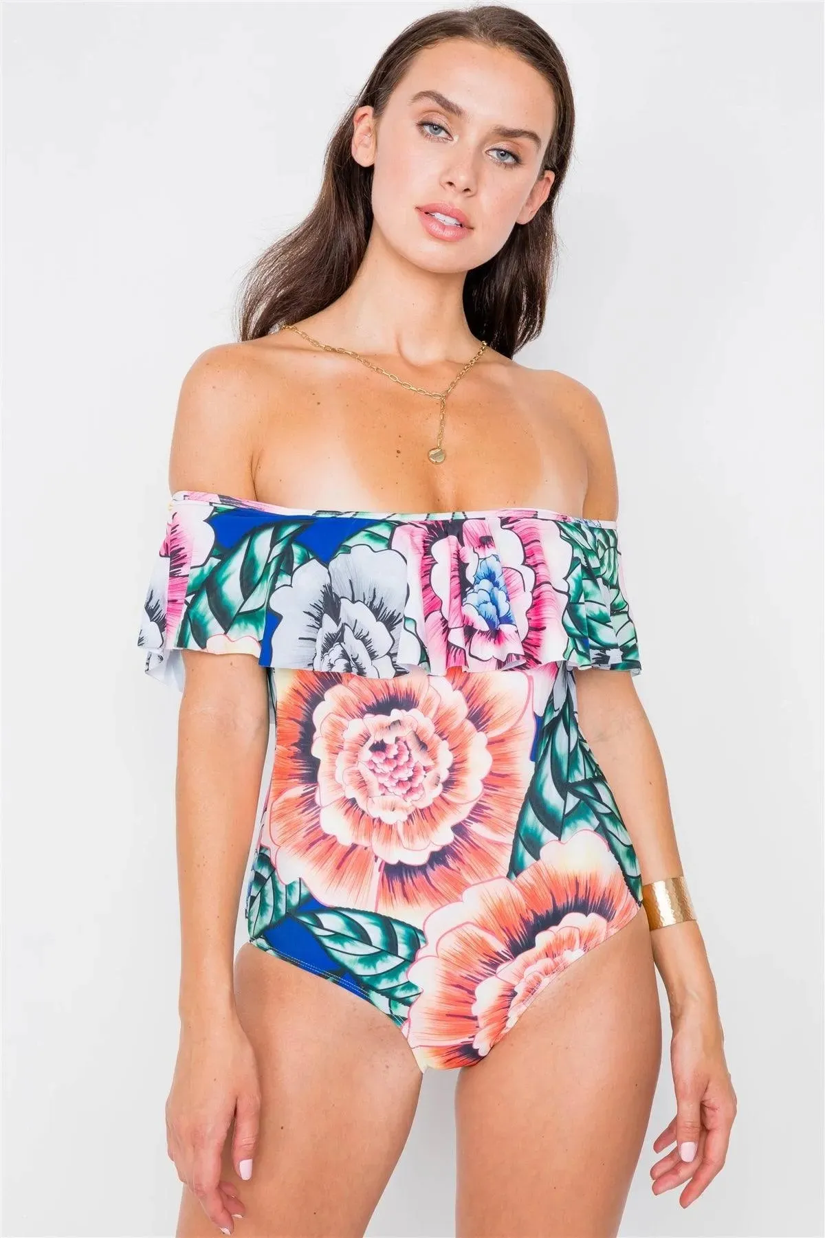 Multi Floral Off-The-Shoulder Flounce One Piece Bikini /1-1-1-1