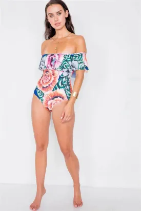 Multi Floral Off-The-Shoulder Flounce One Piece Bikini /1-1-1-1