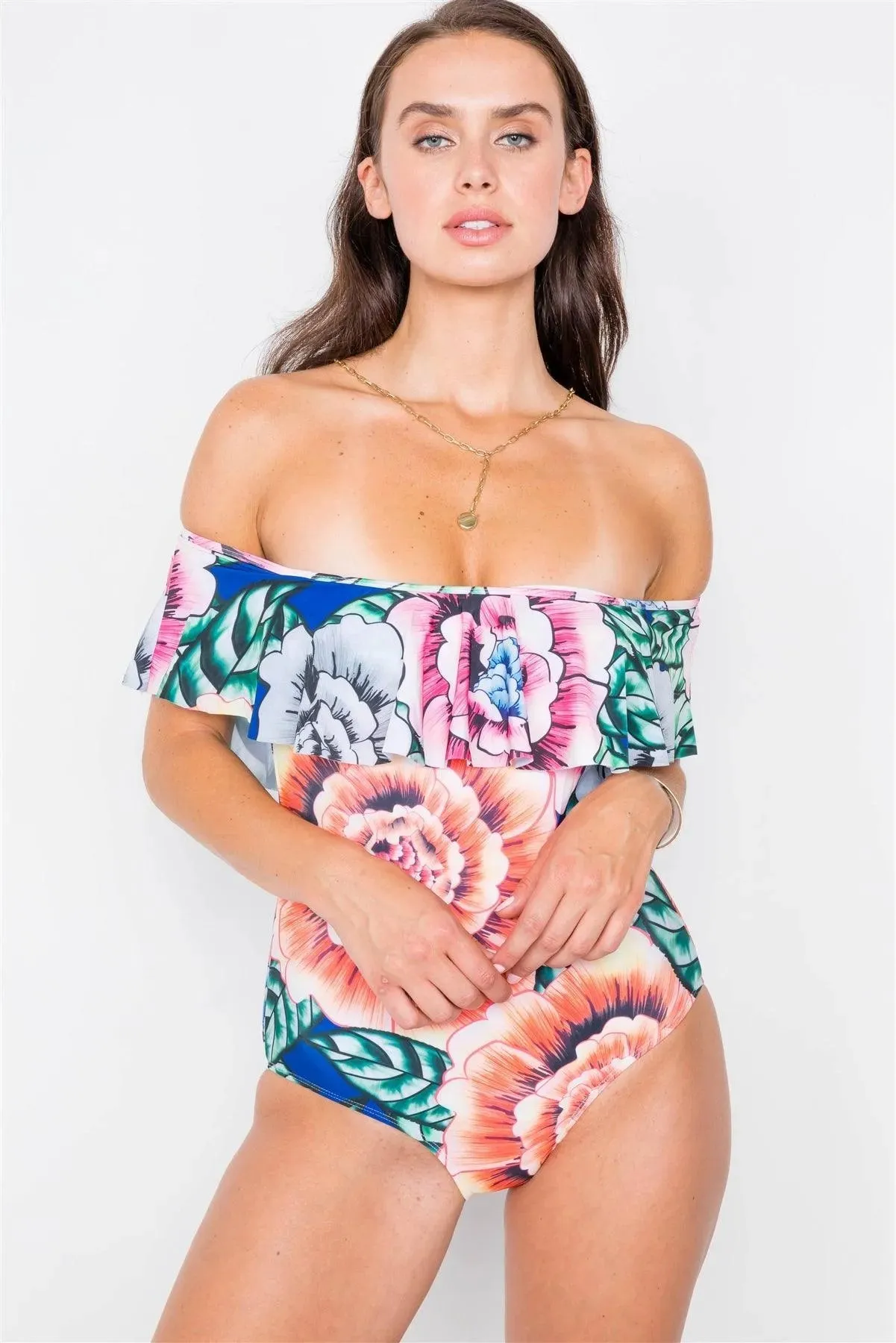 Multi Floral Off-The-Shoulder Flounce One Piece Bikini /1-1-1-1