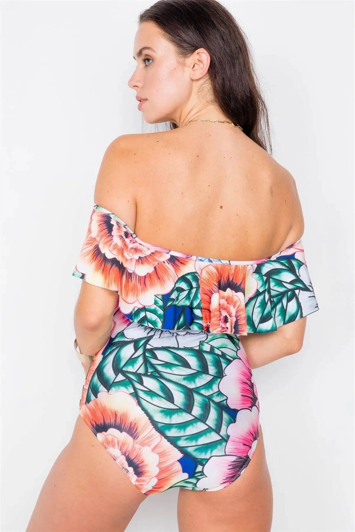 Multi Floral Off-The-Shoulder Flounce One Piece Bikini /1-1-1-1