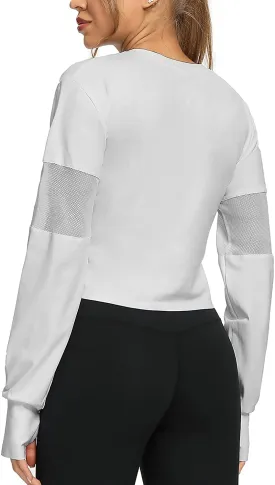 Muzniuer Long Sleeve Crop Tops for Women Workout Yoga Running Tops Mesh Thumb Hole Tops