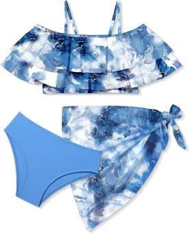 NAPU Girls Swimsuit Cold Shoulder Girls Bikini Set Tropical Girls Bathing Suit Teen Girls Swimwear with Wrap Beach Skirt