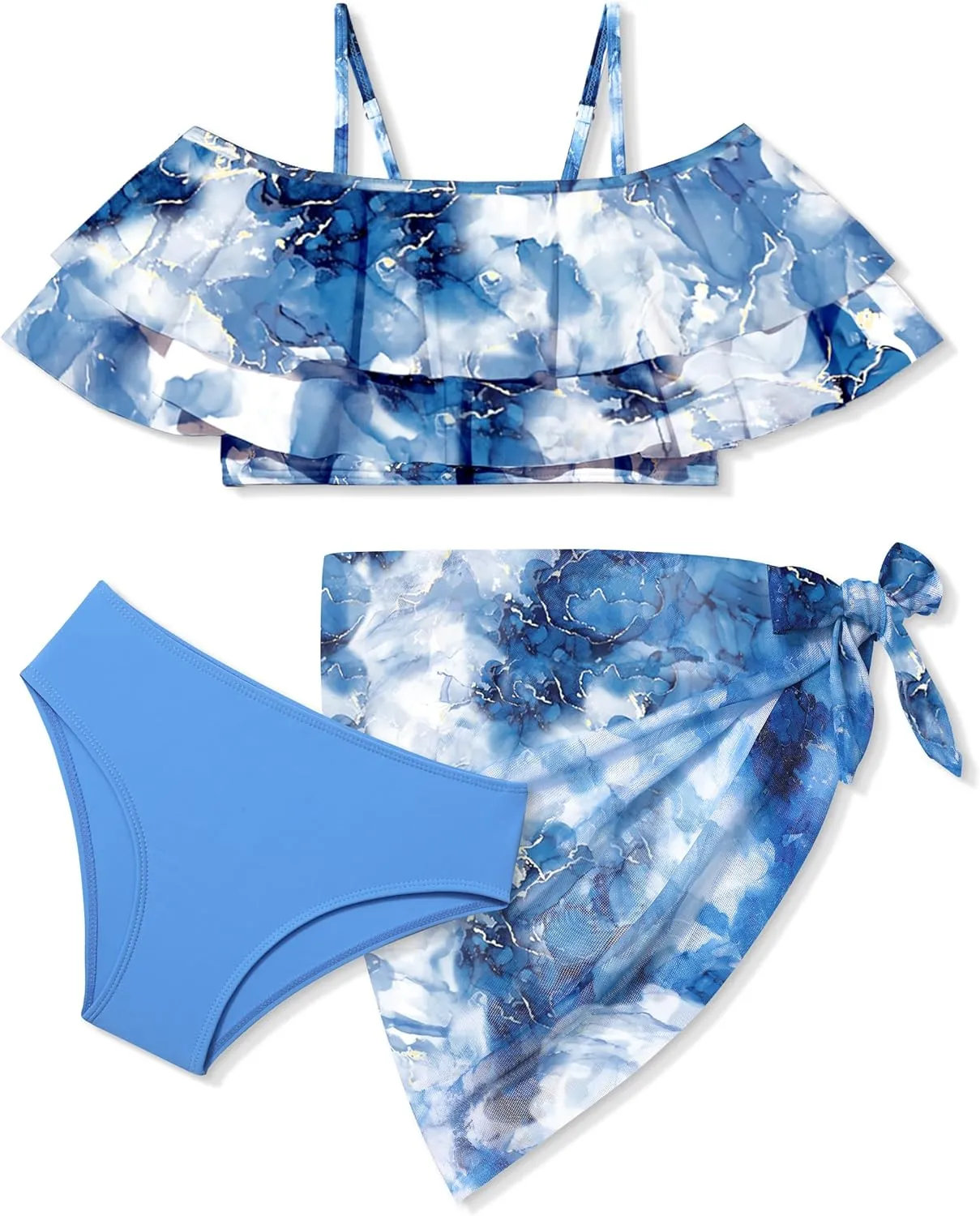 NAPU Girls Swimsuit Cold Shoulder Girls Bikini Set Tropical Girls Bathing Suit Teen Girls Swimwear with Wrap Beach Skirt