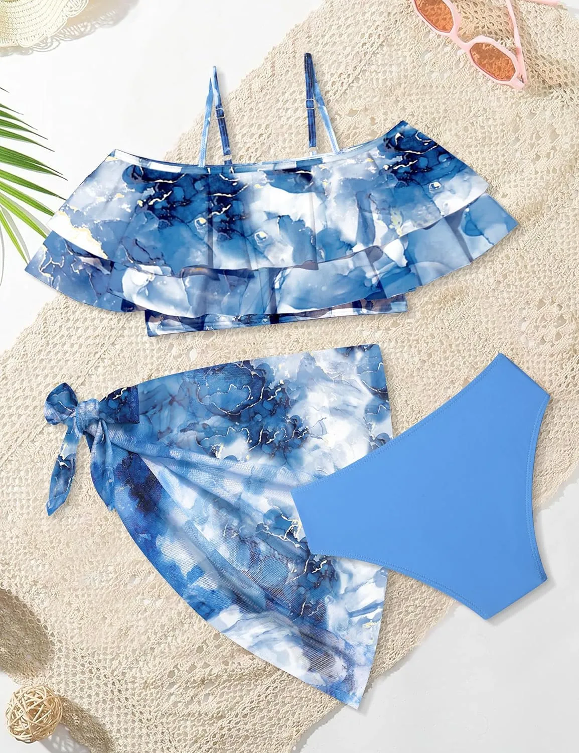 NAPU Girls Swimsuit Cold Shoulder Girls Bikini Set Tropical Girls Bathing Suit Teen Girls Swimwear with Wrap Beach Skirt
