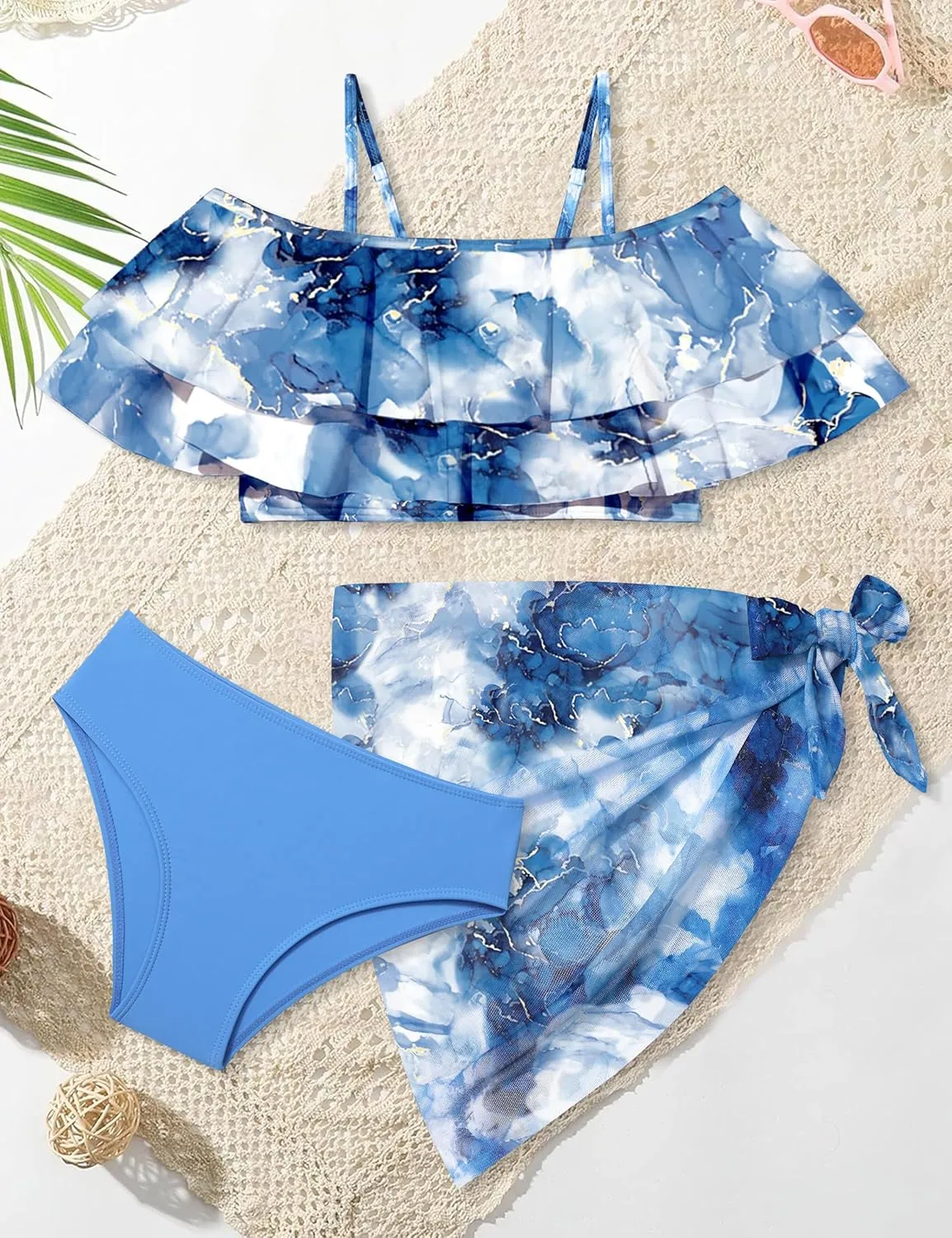 NAPU Girls Swimsuit Cold Shoulder Girls Bikini Set Tropical Girls Bathing Suit Teen Girls Swimwear with Wrap Beach Skirt