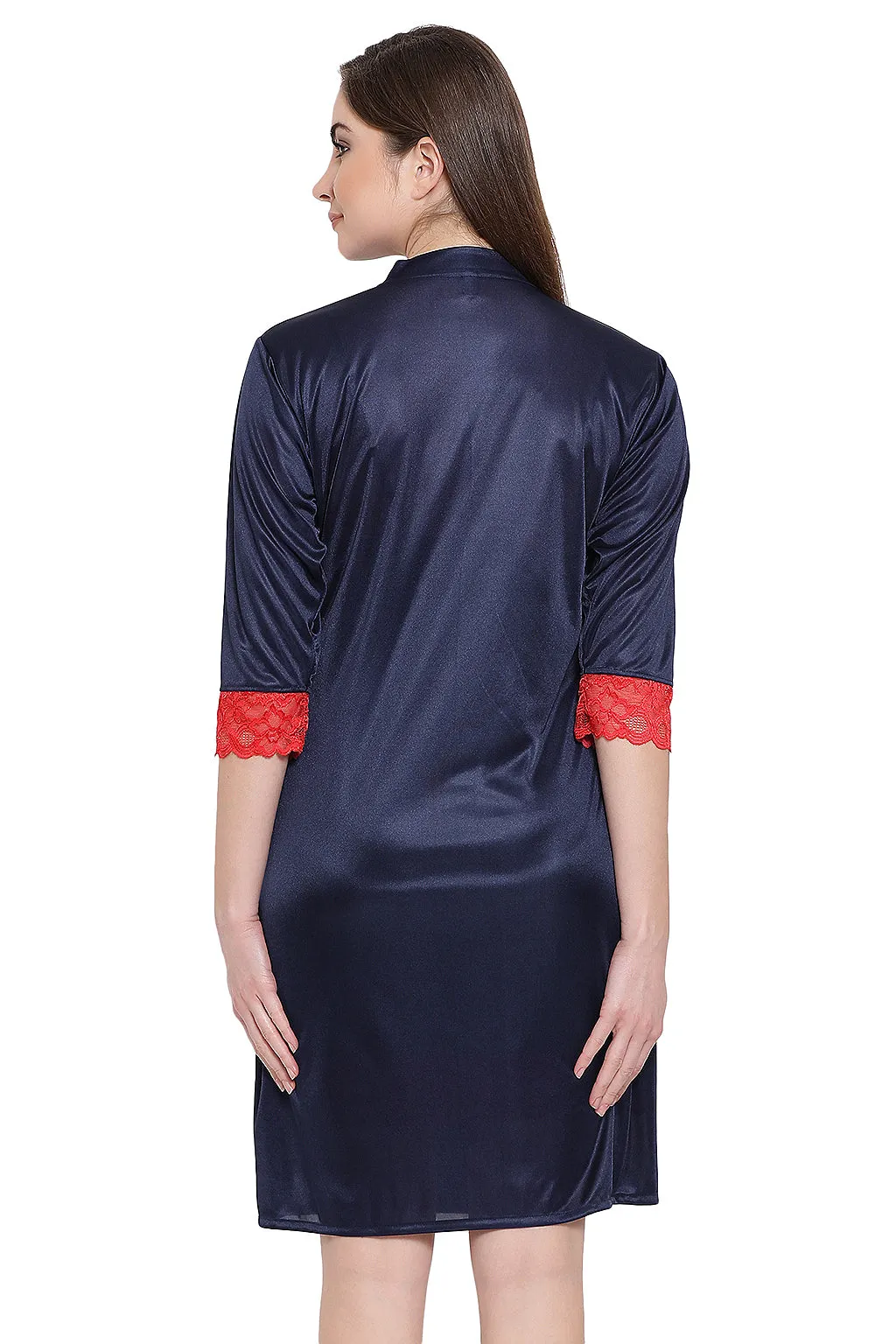Navy Blue Satin Short Night Dress & Robe Set