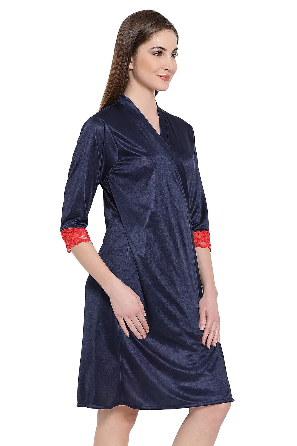 Navy Blue Satin Short Night Dress & Robe Set