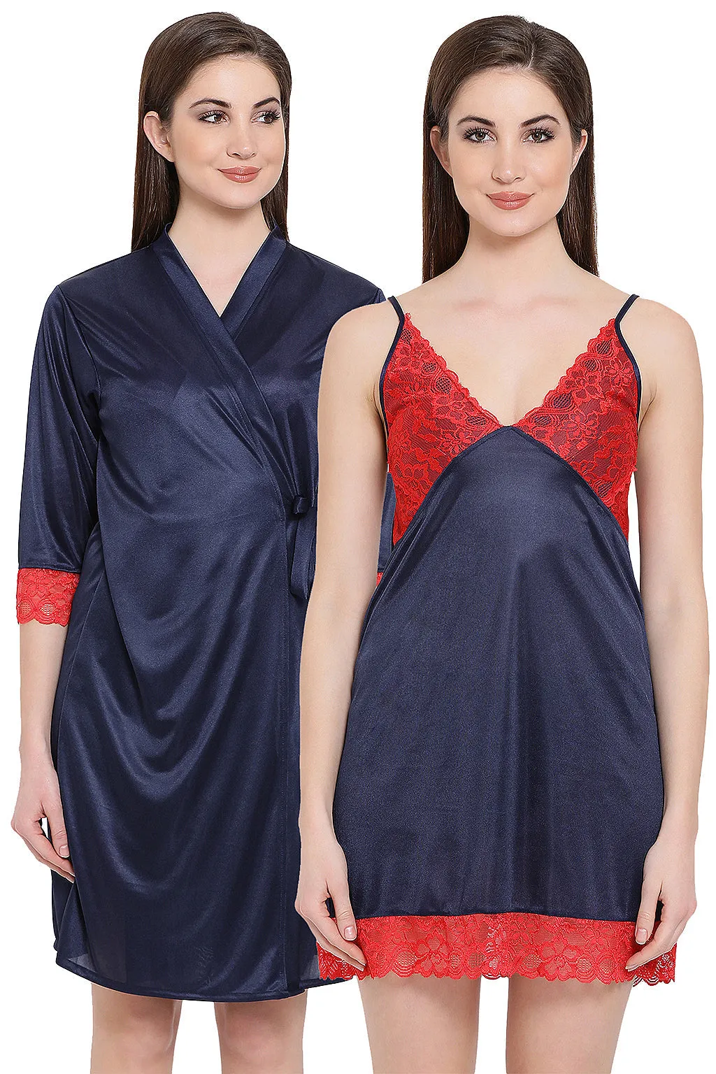 Navy Blue Satin Short Night Dress & Robe Set