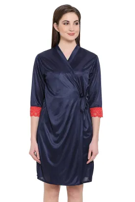 Navy Blue Satin Short Night Dress & Robe Set