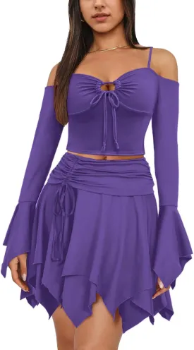 Ophestin Womens Y2K Fairy Dress Off Shoulder Handkerchief 2 Piece Skirts Set Fairycore Halloween Dress