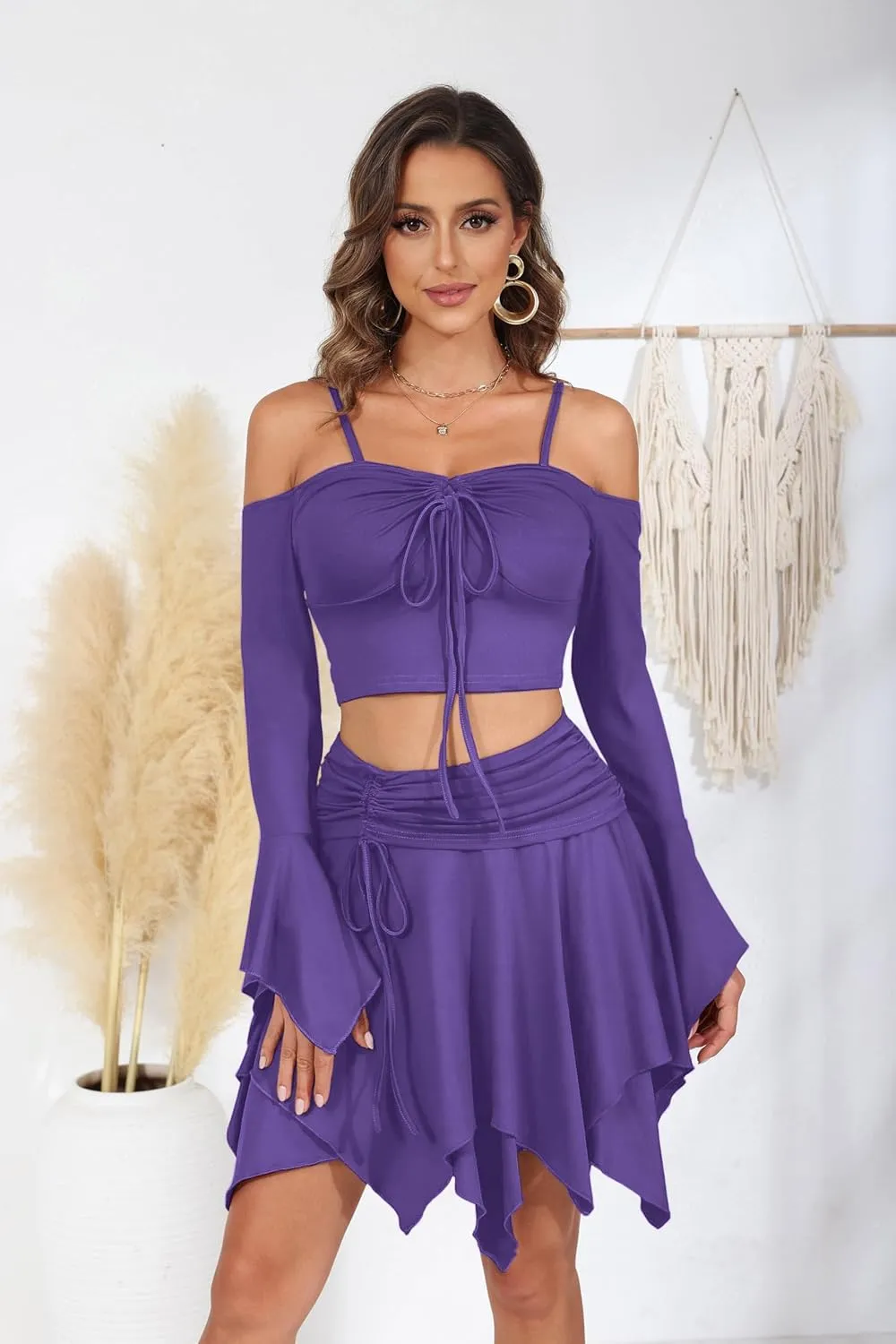 Ophestin Womens Y2K Fairy Dress Off Shoulder Handkerchief 2 Piece Skirts Set Fairycore Halloween Dress