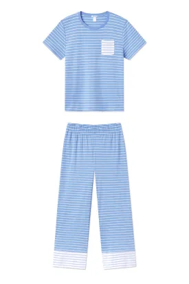 Pima Crew Wide Leg Pajama Set in Mixed Baltic Blue Stripe