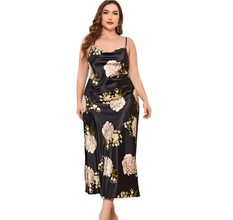 Plus Size Satin Nightgown – XL-5XL Silky Suspender Sleepwear for Women