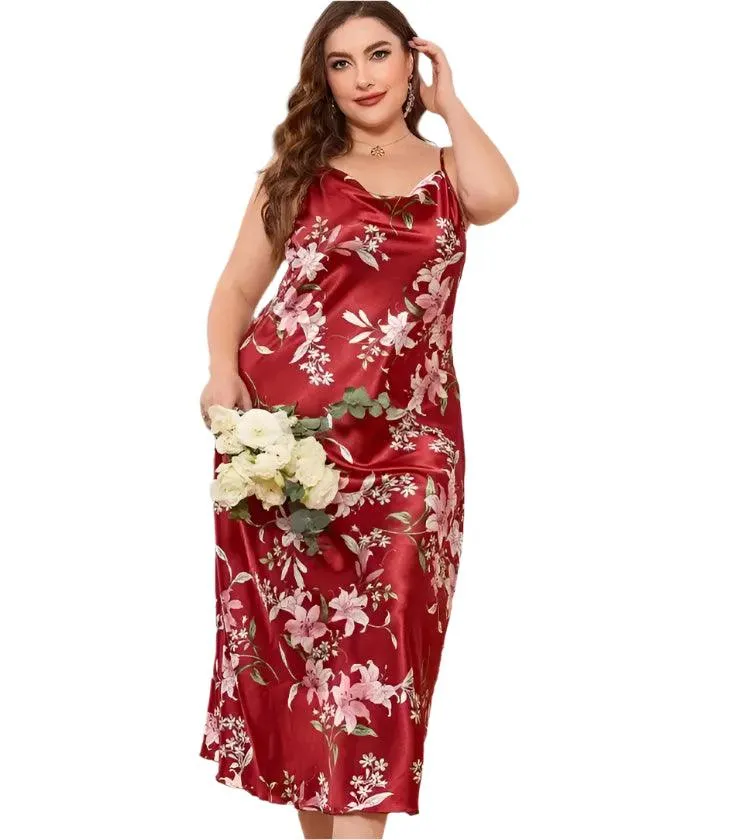 Plus Size Satin Nightgown – XL-5XL Silky Suspender Sleepwear for Women