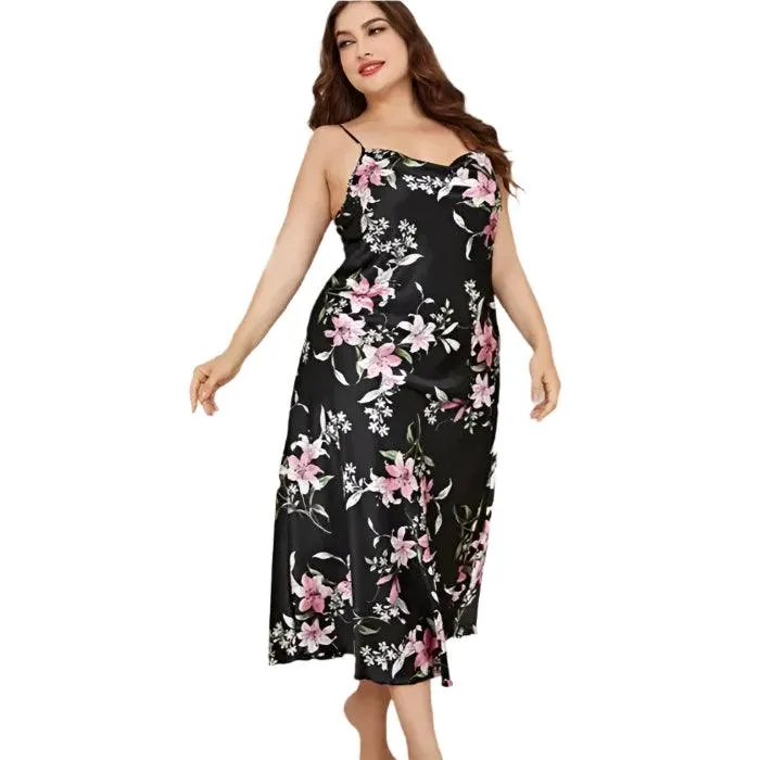 Plus Size Satin Nightgown – XL-5XL Silky Suspender Sleepwear for Women