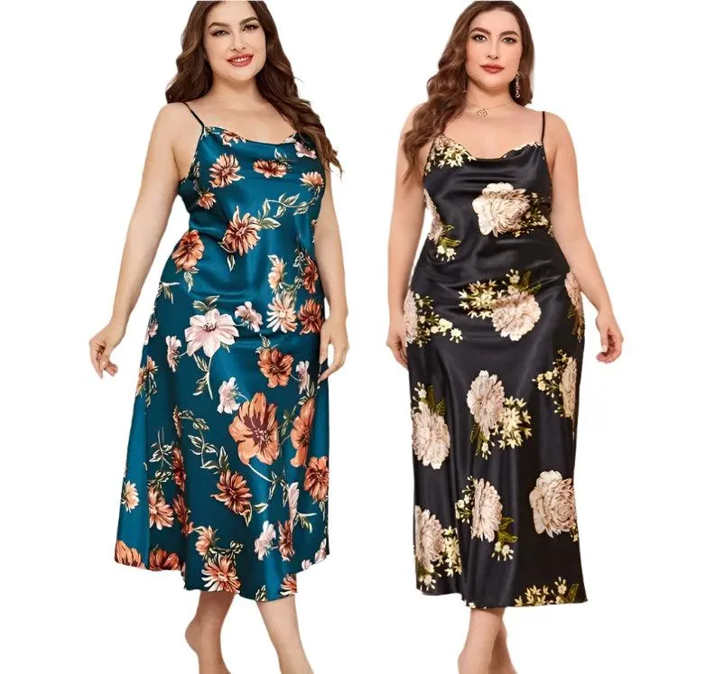 Plus Size Satin Nightgown – XL-5XL Silky Suspender Sleepwear for Women