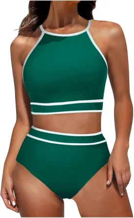 PTOLOCIF Women's High Waisted Bikini Sets Tummy Control Bathing Suit Full Coverage Swimwear Two Piece High Waisted Swimsuits