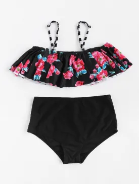 Ruffle off the shoulder floral 2 piece bikini
