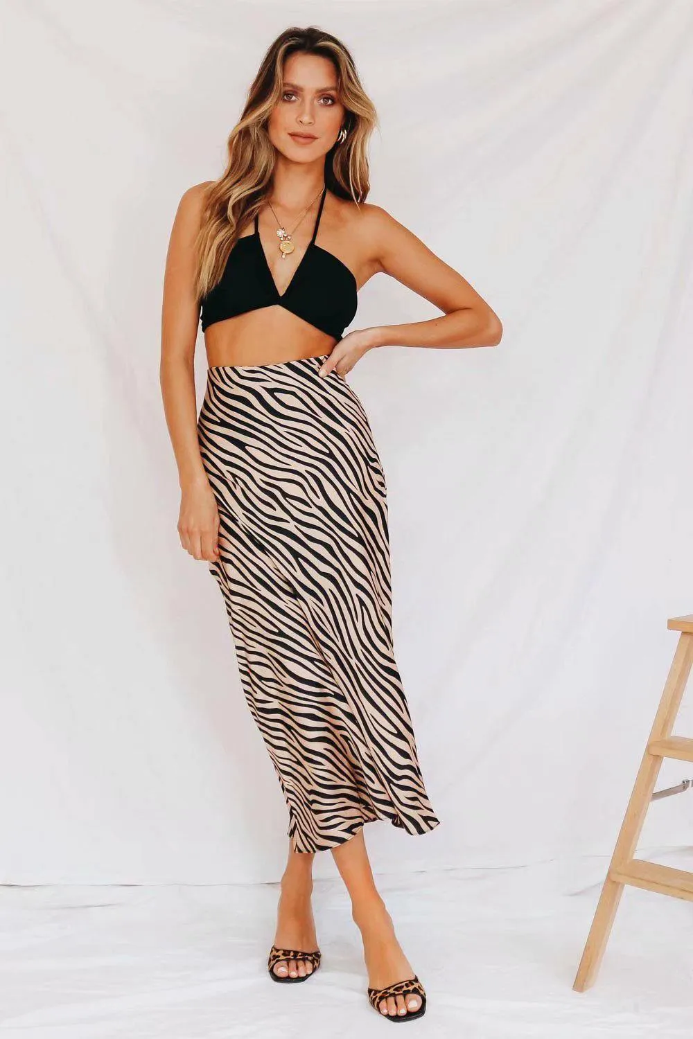 Satin A-line High Waist Animal Print Skirts