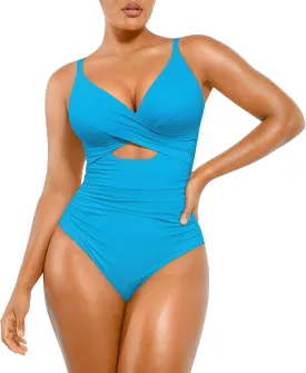 SHAPELLX Tummy Control Swimsuits Women V Neck One Piece Bathing Suit Ruched Push Up Slimming Swimwear Built-in Bra