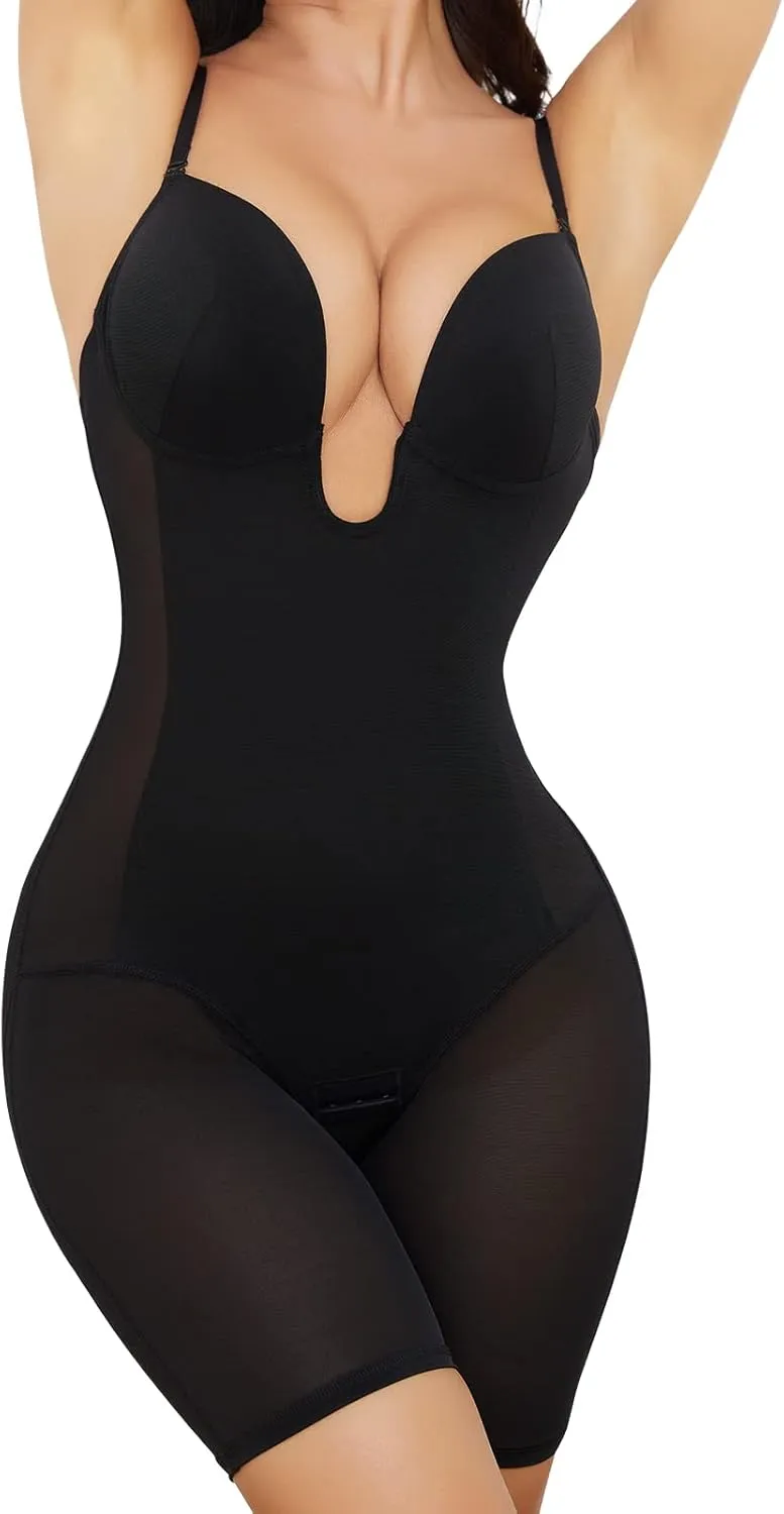 Slimers Body Shaper for Women Tummy Control U Plunge Backless Full Body Shapewear Mid Thigh Mesh strapless Bodysuit Top