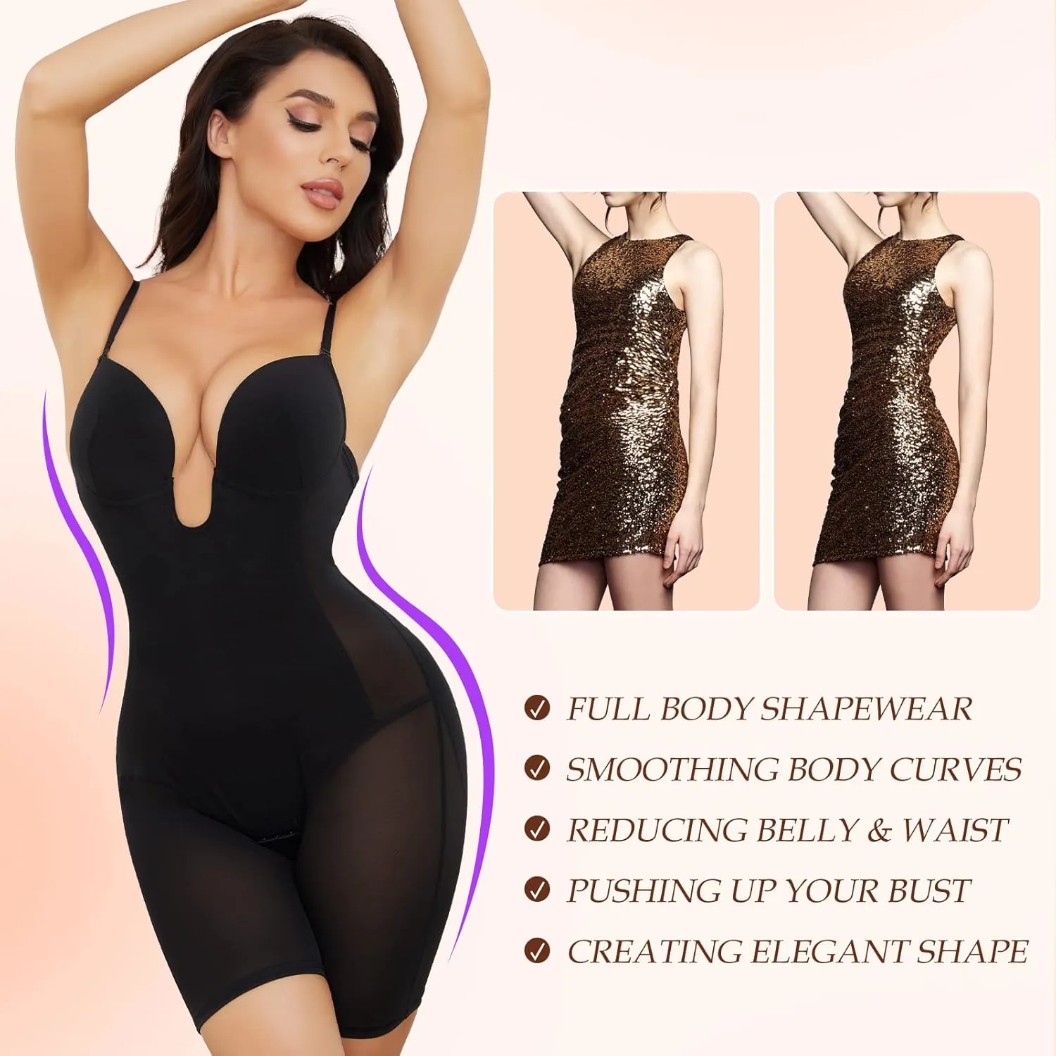 Slimers Body Shaper for Women Tummy Control U Plunge Backless Full Body Shapewear Mid Thigh Mesh strapless Bodysuit Top